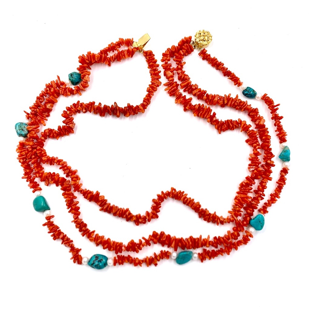 Genuine Red Branch Coral Turquoise & Peals Triple Strand Necklace - Picture 4 of 7